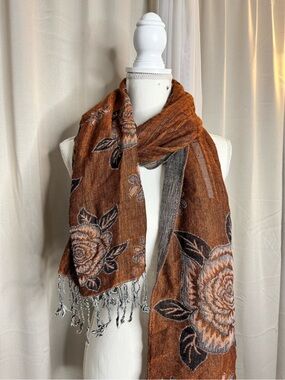 Reversible Floral Fringe Scarf Brown Gray Wrap Shawl 28x72 Boho